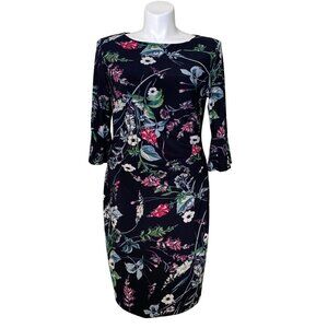 Anne Klein Black Flora Hibiscus Sheath Dress, Bell Sleeves Women's Size XL